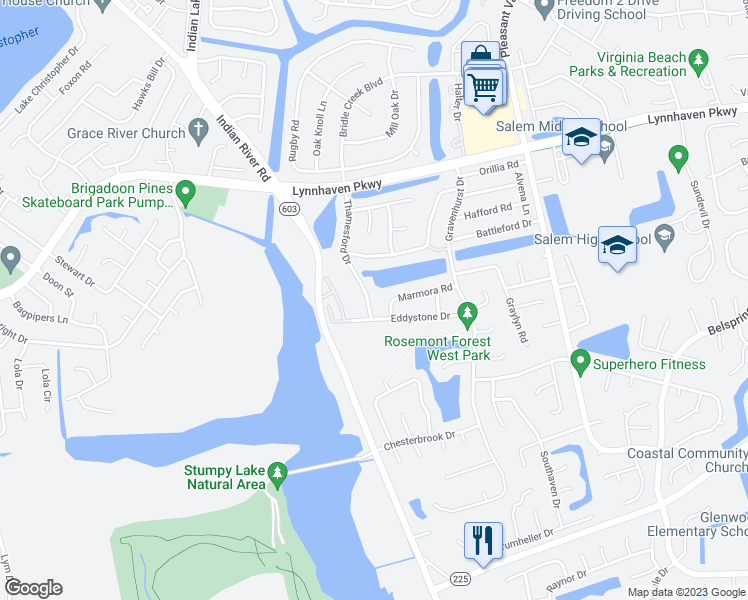 map of restaurants, bars, coffee shops, grocery stores, and more near 1436 Thamesford Drive in Virginia Beach
