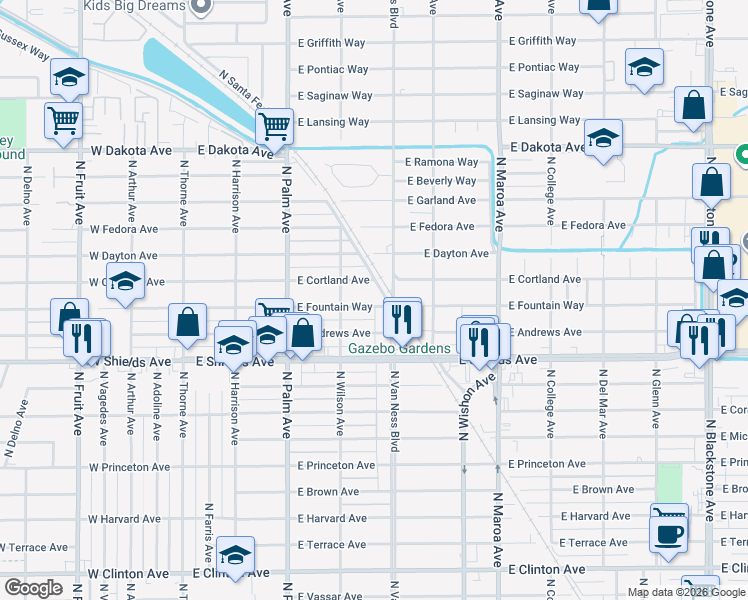map of restaurants, bars, coffee shops, grocery stores, and more near 561 East Fountain Way in Fresno