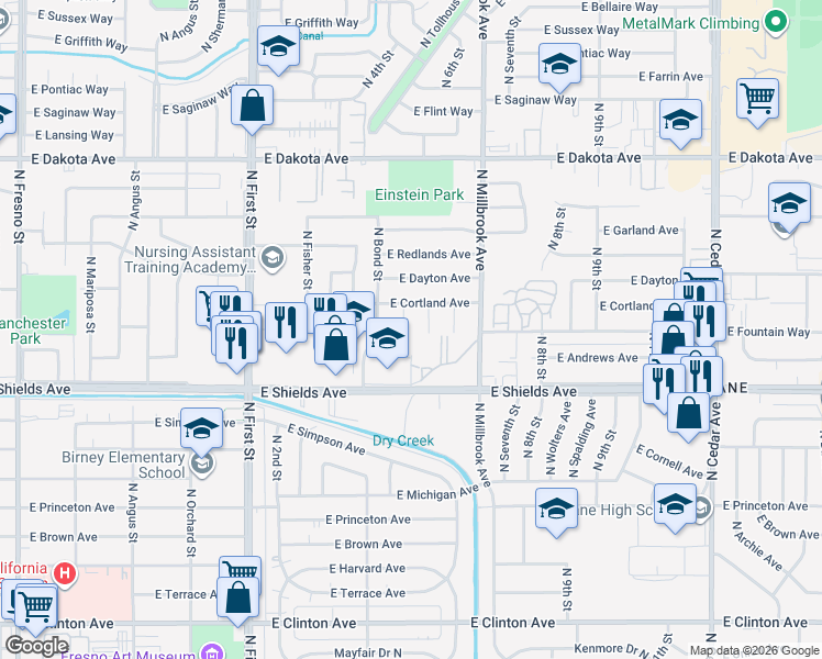 map of restaurants, bars, coffee shops, grocery stores, and more near 3407 North 5th Street in Fresno