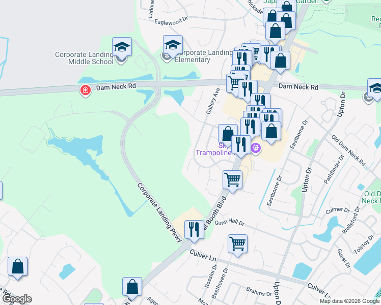 map of restaurants, bars, coffee shops, grocery stores, and more near 1661 Gallery Avenue in Virginia Beach