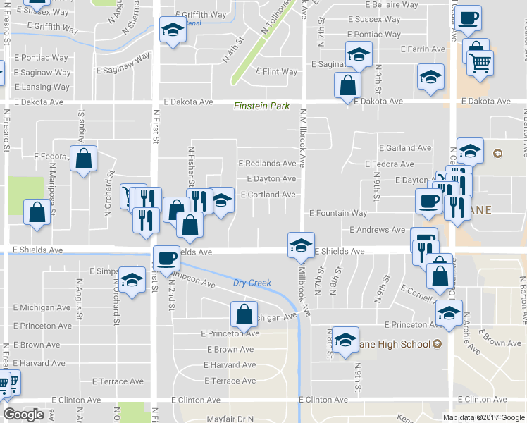 map of restaurants, bars, coffee shops, grocery stores, and more near 3407 North 5th Street in Fresno