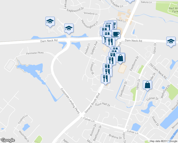 map of restaurants, bars, coffee shops, grocery stores, and more near 1104 Cassell Ct in Virginia Beach