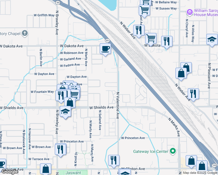 map of restaurants, bars, coffee shops, grocery stores, and more near 3457 West Cortland Avenue in Fresno