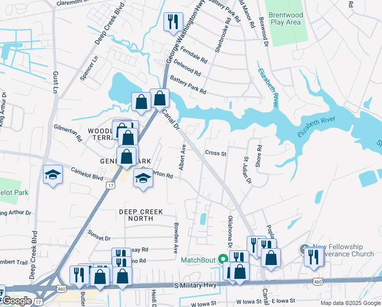 map of restaurants, bars, coffee shops, grocery stores, and more near 2315 Cross Street in Chesapeake
