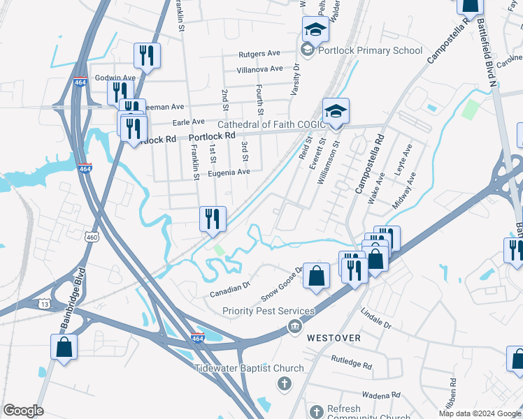 map of restaurants, bars, coffee shops, grocery stores, and more near 1018 Railroad Avenue in Chesapeake