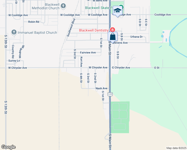 map of restaurants, bars, coffee shops, grocery stores, and more near 1921 South 2nd Street in Blackwell