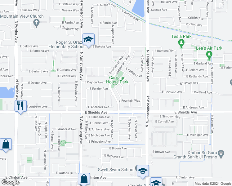 map of restaurants, bars, coffee shops, grocery stores, and more near 3145 North Bridle Avenue in Fresno