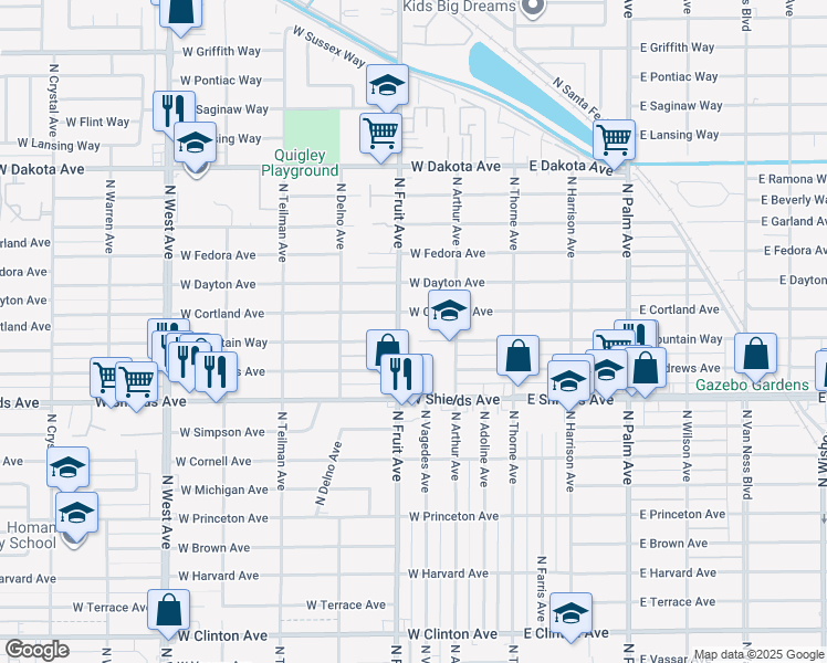 map of restaurants, bars, coffee shops, grocery stores, and more near 3416 North Fruit Avenue in Fresno