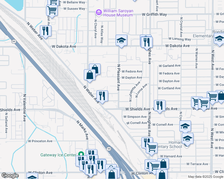 map of restaurants, bars, coffee shops, grocery stores, and more near 2530 West Fountain Way in Fresno