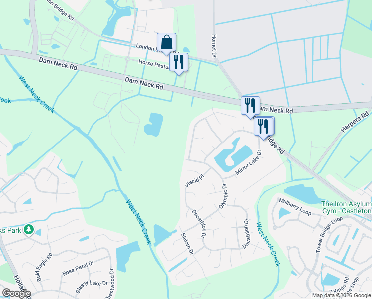 map of restaurants, bars, coffee shops, grocery stores, and more near 2461 Enchanted Forest Lane in Virginia Beach
