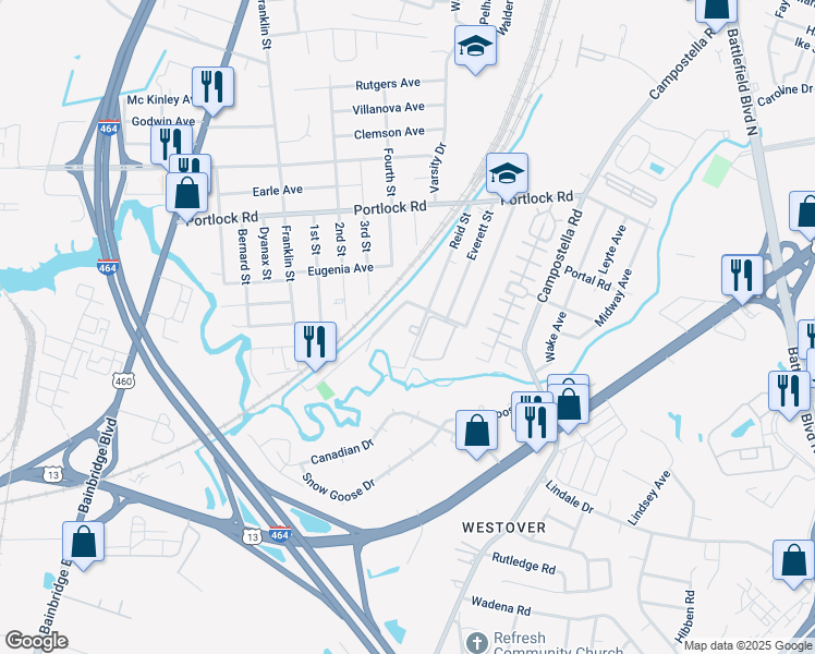 map of restaurants, bars, coffee shops, grocery stores, and more near 962 Railroad Avenue in Chesapeake