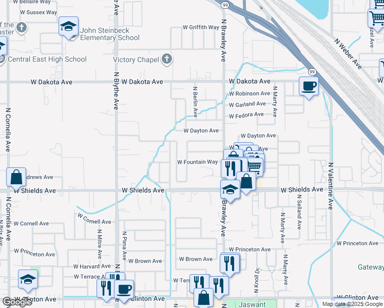 map of restaurants, bars, coffee shops, grocery stores, and more near 4113 West Cortland Avenue in Fresno