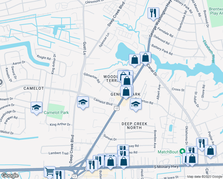 map of restaurants, bars, coffee shops, grocery stores, and more near 2629 Gilmerton Road in Chesapeake