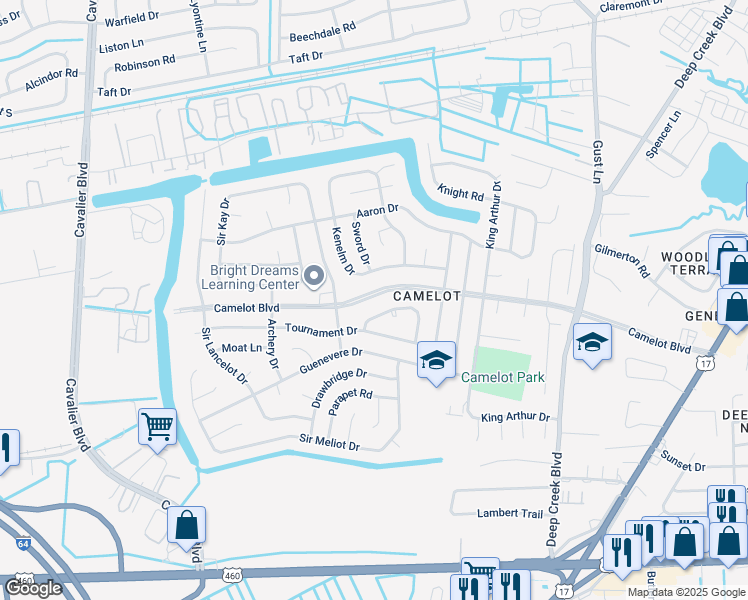 map of restaurants, bars, coffee shops, grocery stores, and more near 3041 Camelot Blvd in Chesapeake