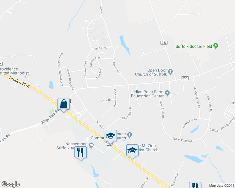 map of restaurants, bars, coffee shops, grocery stores, and more near 101 Queen Annes Court in Suffolk