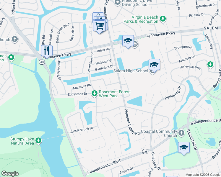 map of restaurants, bars, coffee shops, grocery stores, and more near 1245 Graylyn Road in Virginia Beach