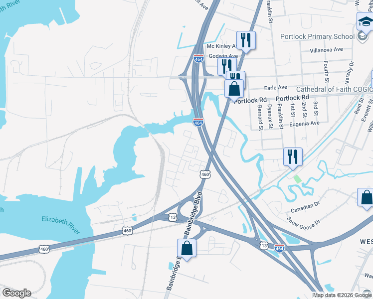 map of restaurants, bars, coffee shops, grocery stores, and more near 623 Muddy Creek Road in Chesapeake