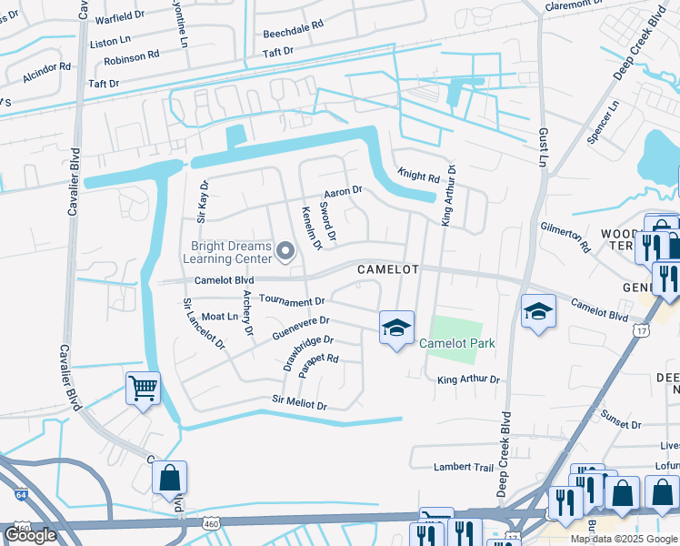 map of restaurants, bars, coffee shops, grocery stores, and more near 3041 Camelot Blvd in Chesapeake
