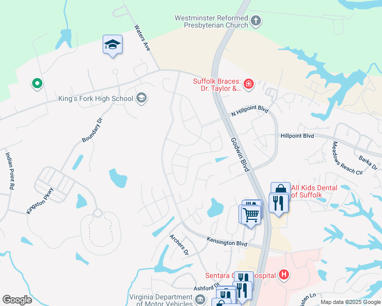 map of restaurants, bars, coffee shops, grocery stores, and more near 244 McCormick Drive in Suffolk
