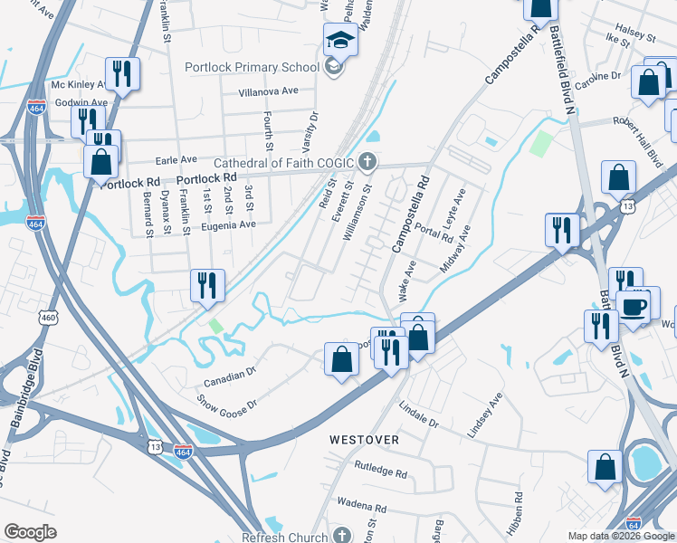 map of restaurants, bars, coffee shops, grocery stores, and more near 4192 Williamson Street in Chesapeake