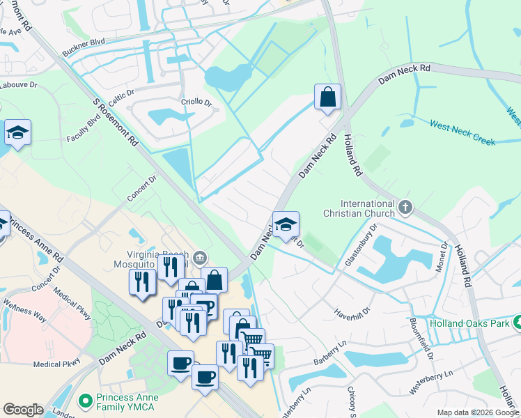 map of restaurants, bars, coffee shops, grocery stores, and more near 1745 Eleni Court in Virginia Beach