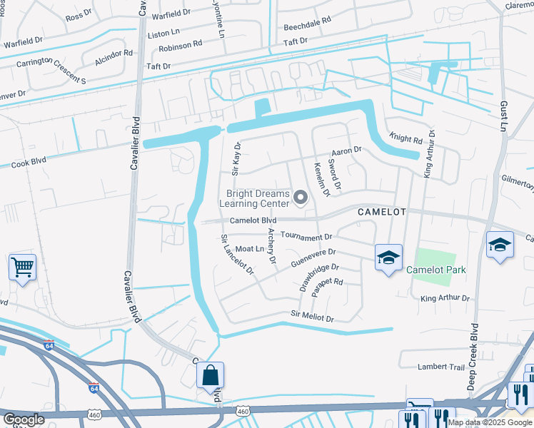 map of restaurants, bars, coffee shops, grocery stores, and more near 3200 Camelot Boulevard in Chesapeake
