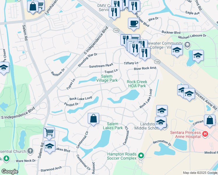 map of restaurants, bars, coffee shops, grocery stores, and more near 2004 Rippling Rock Drive in Virginia Beach