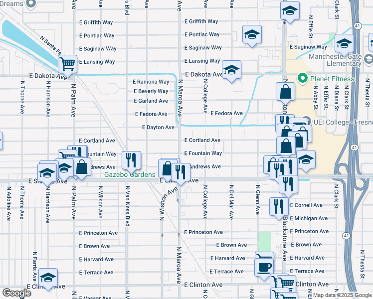 map of restaurants, bars, coffee shops, grocery stores, and more near 925 East Fountain Way in Fresno
