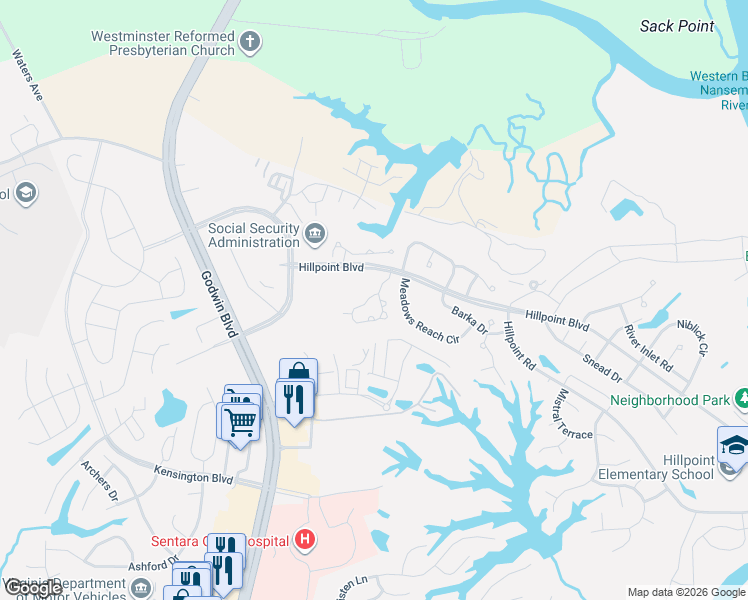map of restaurants, bars, coffee shops, grocery stores, and more near 601 Hillpoint Boulevard in Suffolk