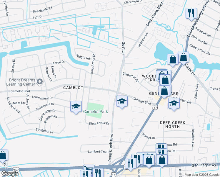 map of restaurants, bars, coffee shops, grocery stores, and more near 1101 Excalibur Street in Chesapeake