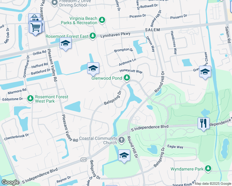 map of restaurants, bars, coffee shops, grocery stores, and more near 1908 Fayson Court in Virginia Beach