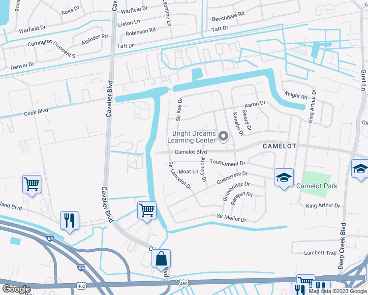 map of restaurants, bars, coffee shops, grocery stores, and more near 3220 Camelot Boulevard in Chesapeake