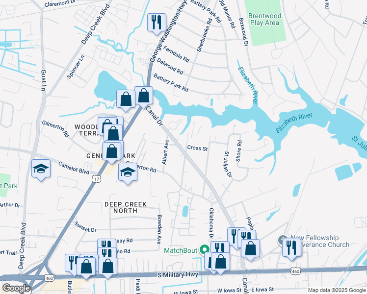map of restaurants, bars, coffee shops, grocery stores, and more near 1038 Geneva Avenue in Chesapeake