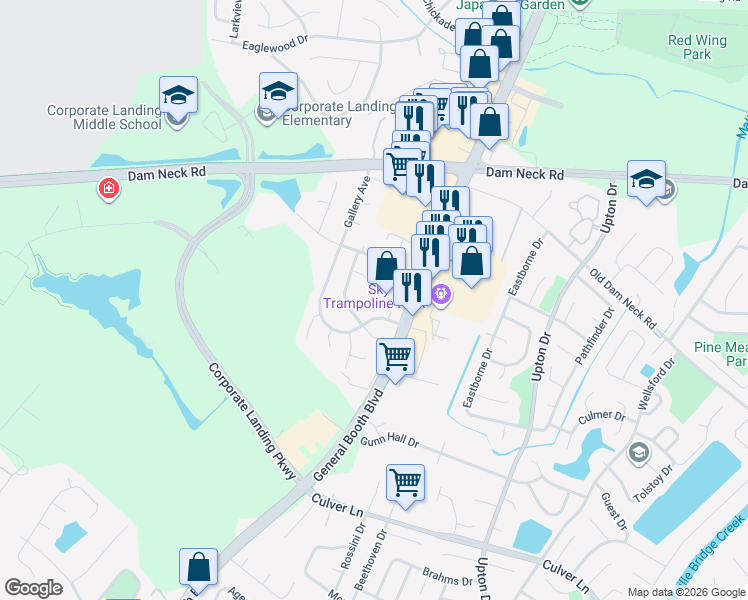 map of restaurants, bars, coffee shops, grocery stores, and more near 1633 Boles Place in Virginia Beach