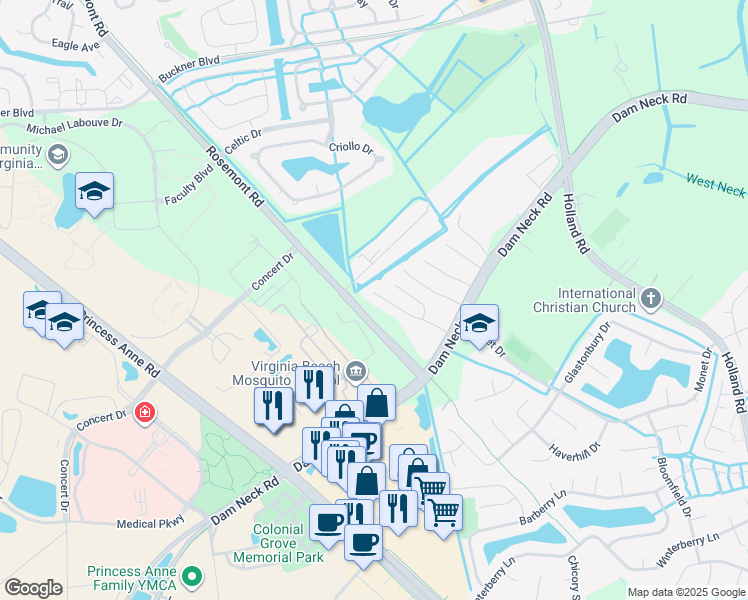 map of restaurants, bars, coffee shops, grocery stores, and more near 1709 Brigands Way in Virginia Beach