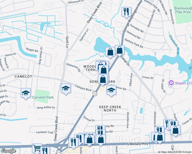 map of restaurants, bars, coffee shops, grocery stores, and more near in Chesapeake