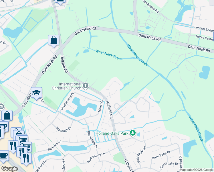 map of restaurants, bars, coffee shops, grocery stores, and more near 1853 Laurel Oak Lane in Virginia Beach