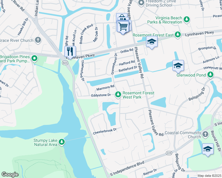 map of restaurants, bars, coffee shops, grocery stores, and more near 1804 Eddystone Lane in Virginia Beach