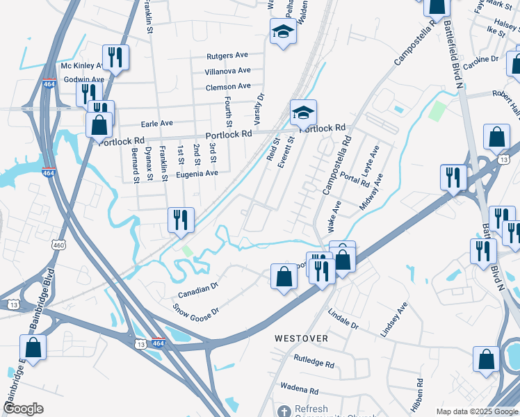 map of restaurants, bars, coffee shops, grocery stores, and more near 2000 Linster Street in Chesapeake