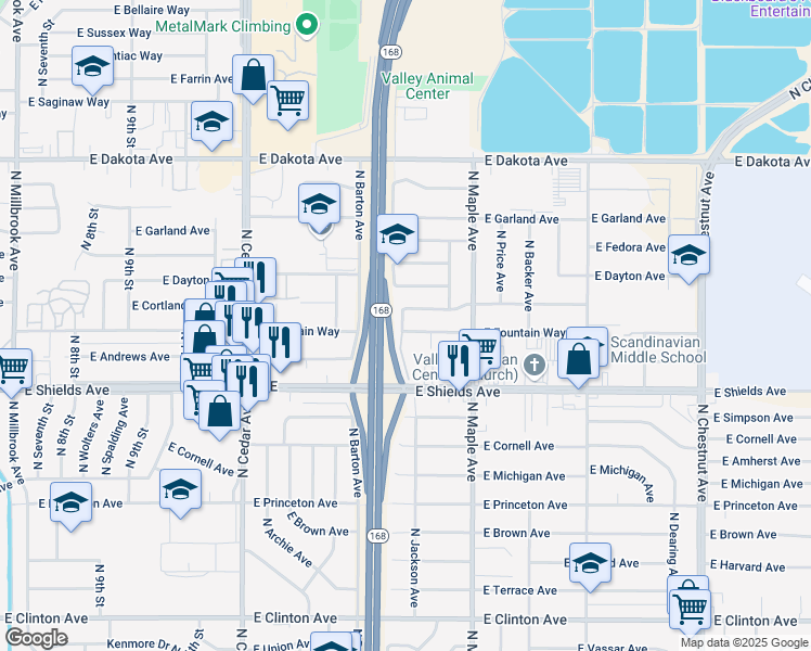 map of restaurants, bars, coffee shops, grocery stores, and more near 4529 East Fountain Way in Fresno