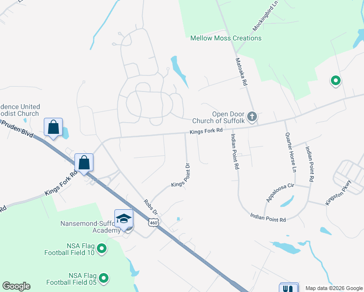 map of restaurants, bars, coffee shops, grocery stores, and more near 100 Kings Point Drive in Suffolk