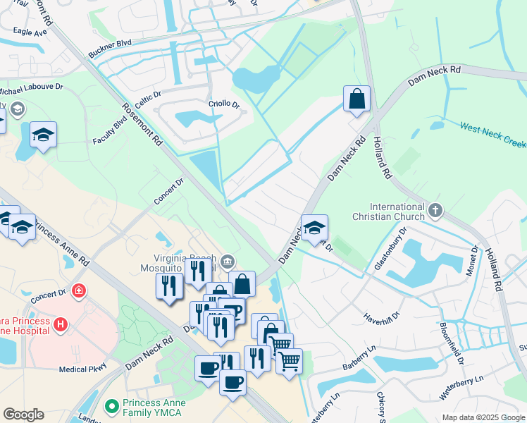 map of restaurants, bars, coffee shops, grocery stores, and more near 1725 Schooner Strait Court in Virginia Beach