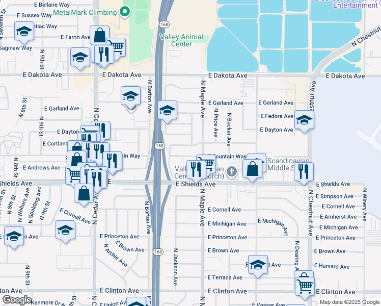 map of restaurants, bars, coffee shops, grocery stores, and more near 4571 East Fountain Way in Fresno