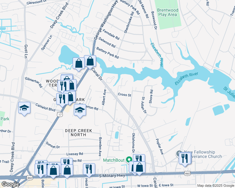 map of restaurants, bars, coffee shops, grocery stores, and more near 1038 Geneva Avenue in Chesapeake
