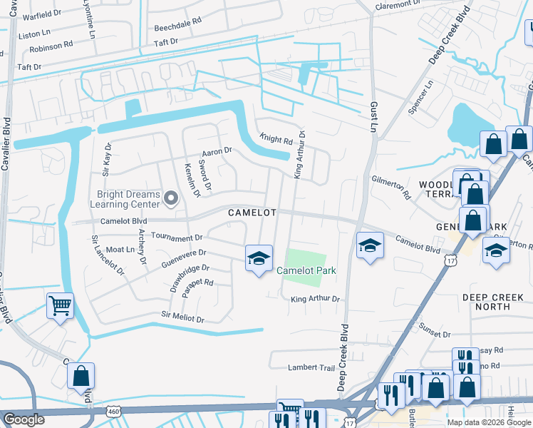 map of restaurants, bars, coffee shops, grocery stores, and more near 1041 Sean Drive in Chesapeake