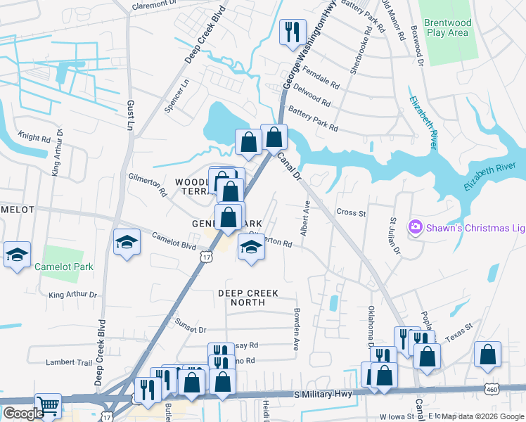 map of restaurants, bars, coffee shops, grocery stores, and more near 107 Little Branch Terrace in Chesapeake
