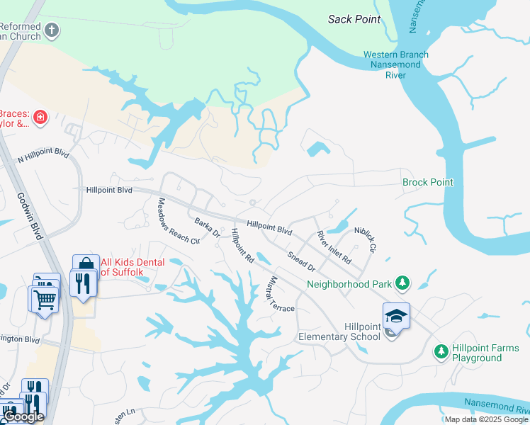 map of restaurants, bars, coffee shops, grocery stores, and more near 139 Peck Lane in Suffolk