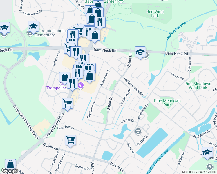 map of restaurants, bars, coffee shops, grocery stores, and more near 1724 Everest Circle in Virginia Beach