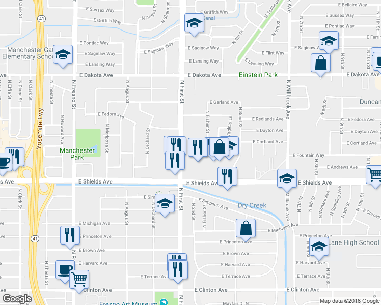 map of restaurants, bars, coffee shops, grocery stores, and more near 3420 North First Street in Fresno
