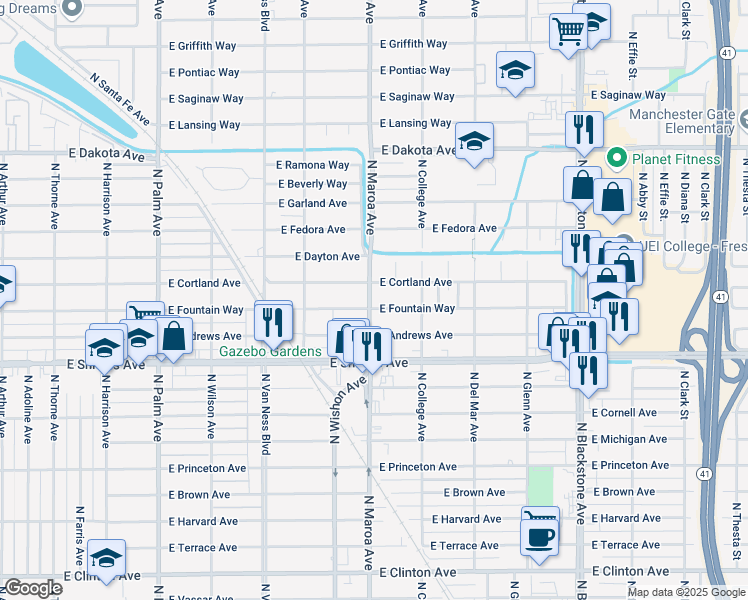 map of restaurants, bars, coffee shops, grocery stores, and more near 925 East Fountain Way in Fresno